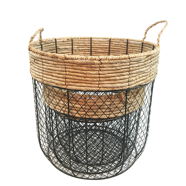 Set of 3 Wire with Corn Husk Weaving Garden Home Decor Baskets with Handles GL-0460 S3