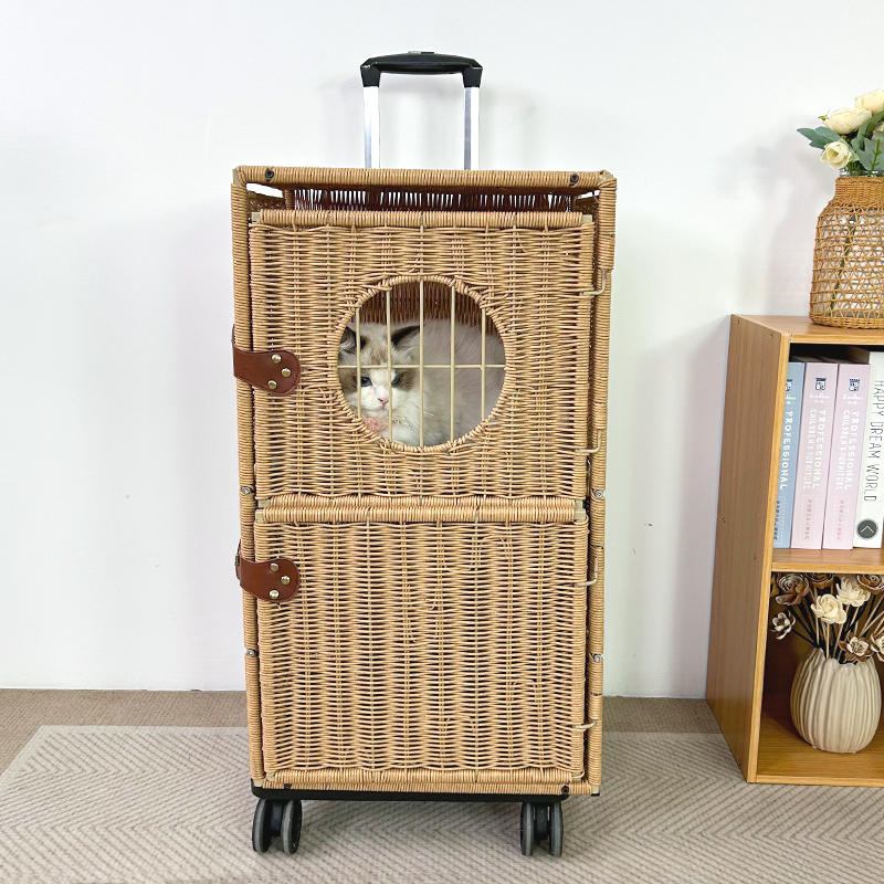 Two layer Cat Stroller Rattan Retro with Wheels and Telescopic Handle for Large Cats 25 Lbs, Cat Rolling Carriers for Traveling