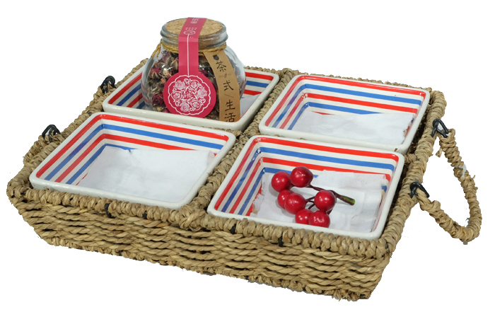 5pcs of Set Seagrass Weaving Square Tray with Square Ceramic Bowl GL-0235 S5